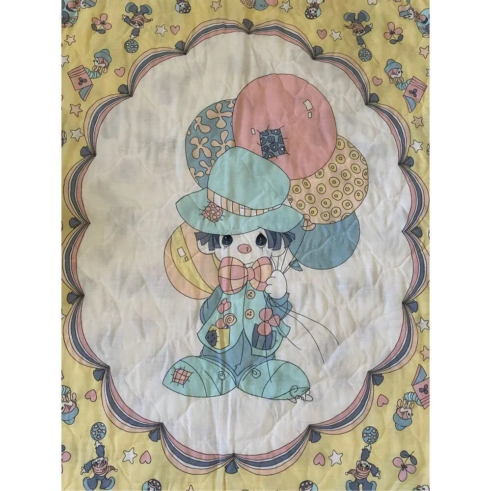 Vintage Precious Moments Baby Blanket Quilt Clown Ballons Jack In Box 44 x 35 in